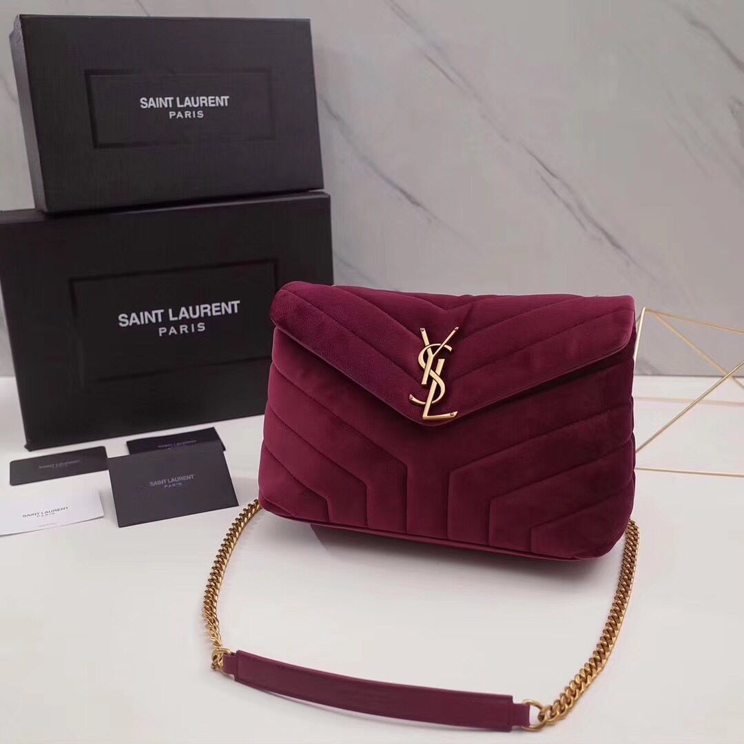 Y51 loulou monogram quilted velvet shoulder bag rose red 4809 25cm*17cm*9cm
