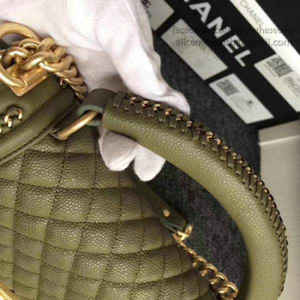 Ch**el quilted caviar boy bag with top handle green