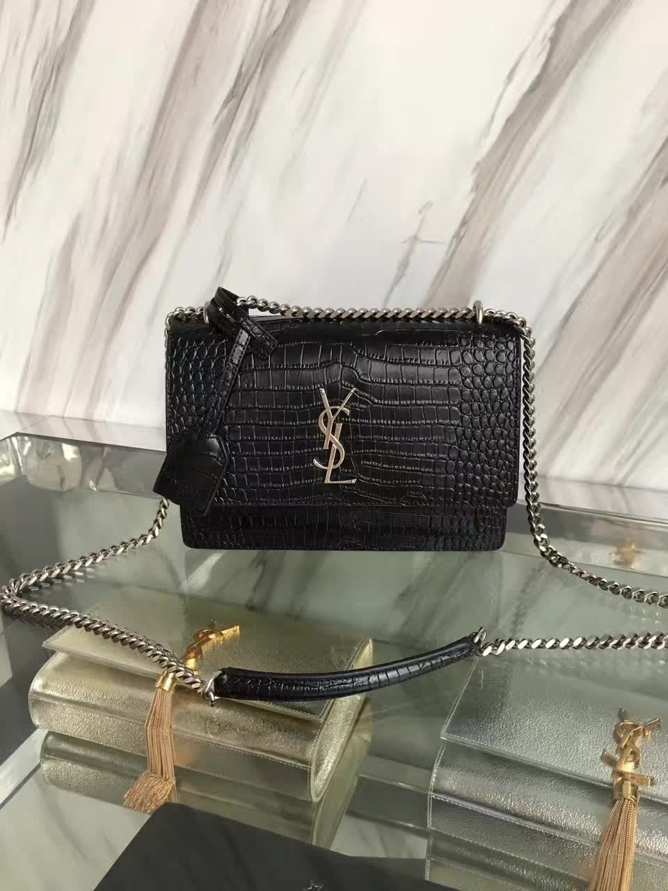 Y51 medium sunset bag in shiny crocodile-embossed leather 4851 22cm x 16cm x 8cm