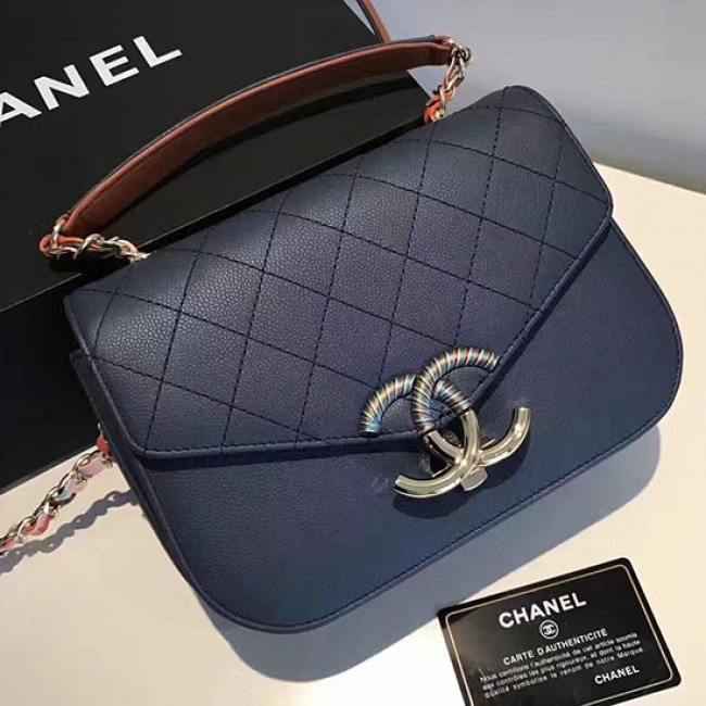 Ch**el grained calfskin flap bag with top handle blue