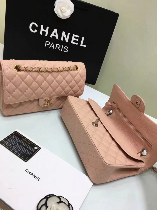 Ch**el classic flap bag pink caviar leather sliver&gold chain 25cm