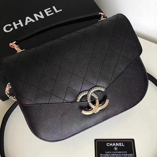 Ch**el grained calfskin flap bag with top handle black