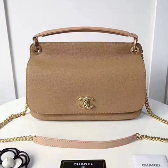 Ch**el grained calfskin large top handle flap bag beige