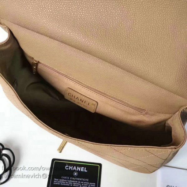Ch**el grained calfskin large top handle flap bag beige