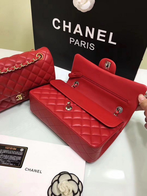 Ch**el classic flap bag red lambskin leather sliver&gold chain 25cm