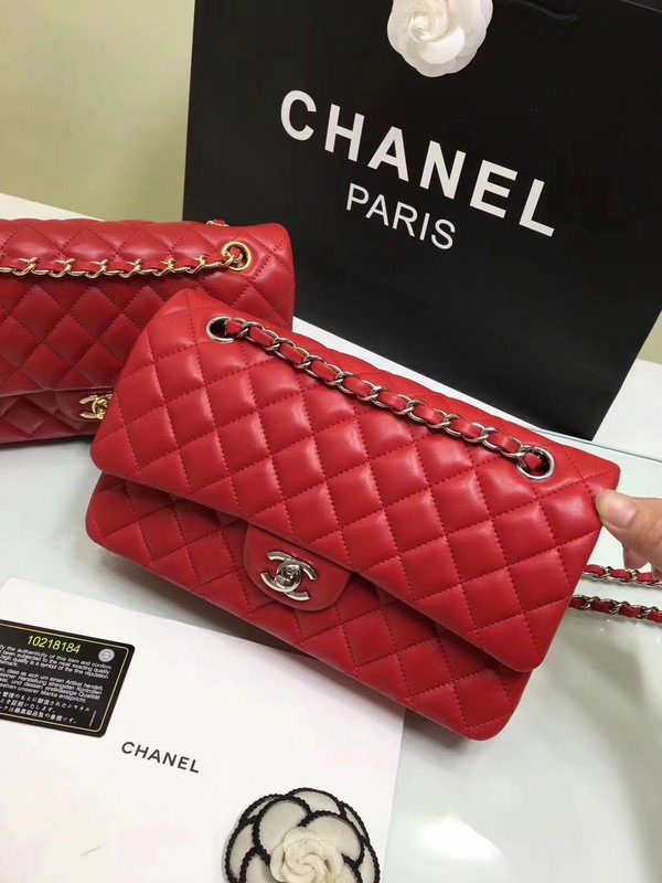 Ch**el classic flap bag red lambskin leather sliver&gold chain 25cm