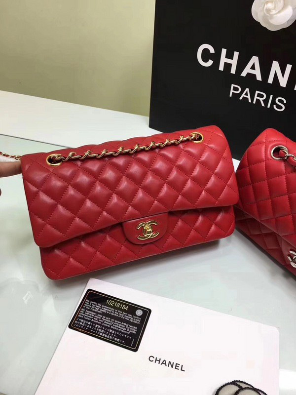 Ch**el classic flap bag red lambskin leather sliver&gold chain 25cm