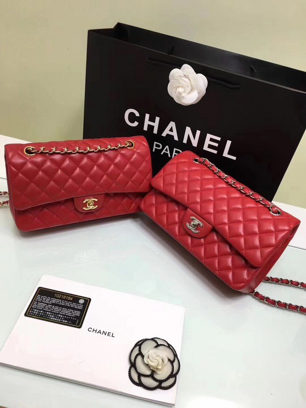 Ch**el classic flap bag red lambskin leather sliver&gold chain 25cm