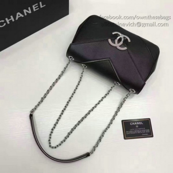 Ch**el calfskin chevron flap bag black