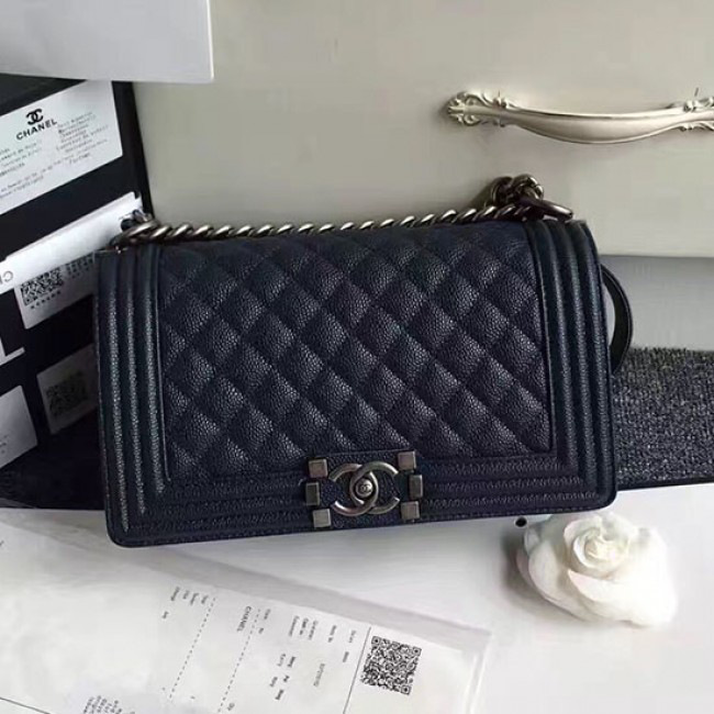 Ch**el quilted caviar medium boy bag blue
