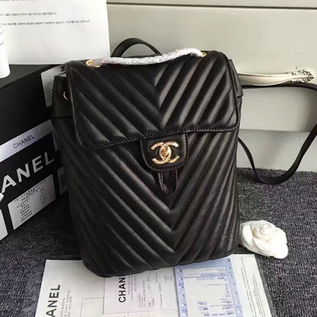 Ch**el chevron lambskin backpack black gold hardware