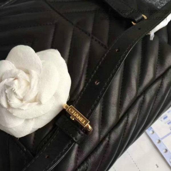 Ch**el chevron lambskin backpack black gold hardware