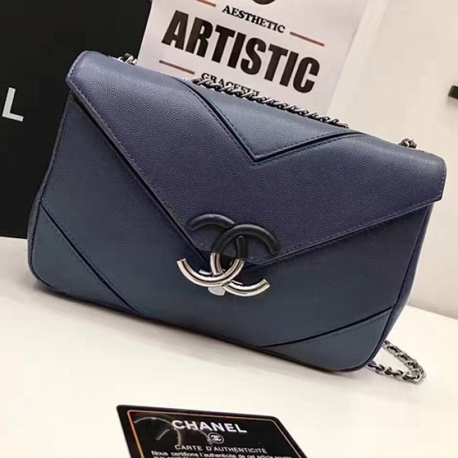 Ch**el calfskin chevron flap bag blue