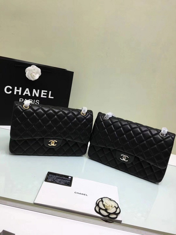 Ch**el classic flap bag black lambskin leather sliver&gold chain 30cm