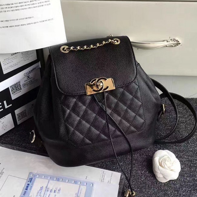 Ch**el grained calfskin gold-tone metal backpack black 23 x 25 x 13cm