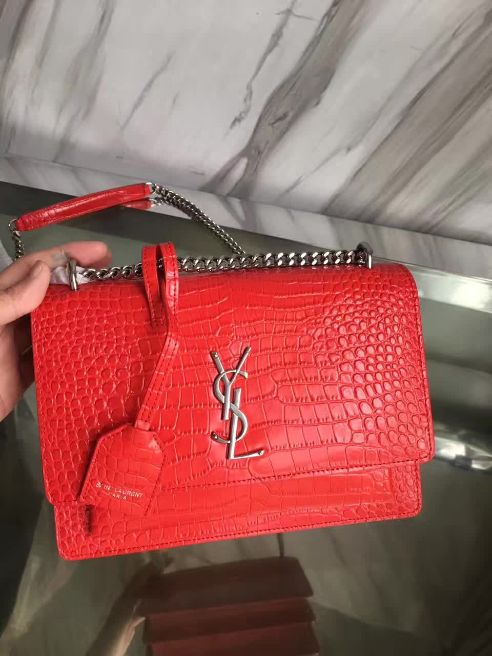 Y51 medium sunset bag crocodile embossed shiny leather 4853 22cm x 16cm x 8cm