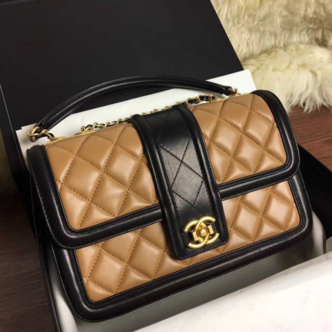 Ch**el quilted lambskin gold-tone metal flap bag beige and black