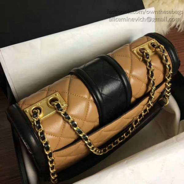 Ch**el quilted lambskin gold-tone metal flap bag beige and black