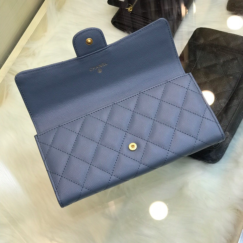 Ch**el classic cf long lychee purse smog blue 10.5*19.*3cm