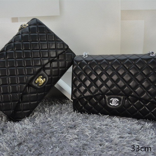 Ch**el lambskin leather flap bag with gold/silver chain black 33cm