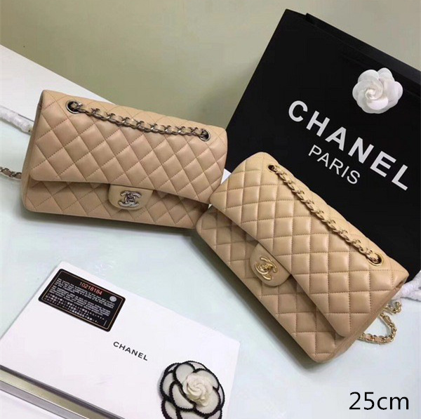 Ch**el classic flap bag beige caviar leather sliver&gold chain 25cm