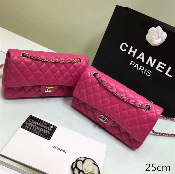 Ch**el classic flap bag rose red lambskin leather sliver&gold chain 25cm