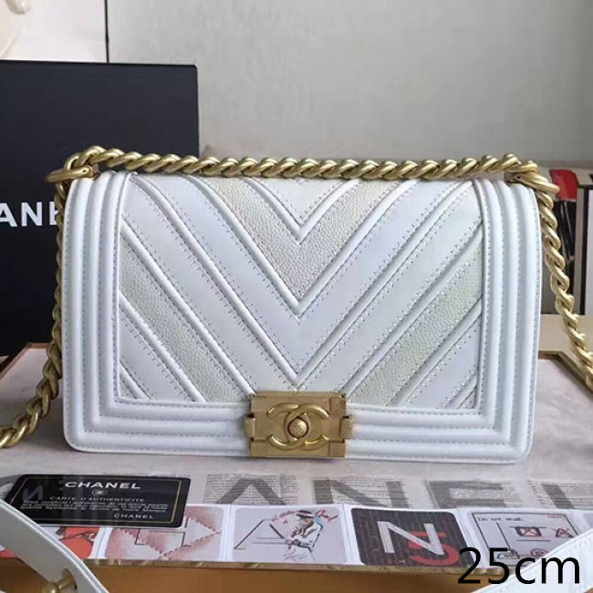 Ch**el chevron quilted medium boy bag white