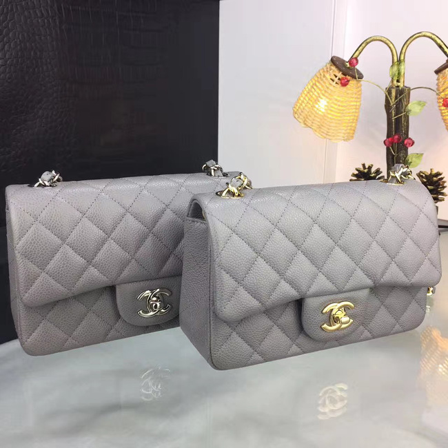 Ch**el classic flap bag grey caviar leather sliver&gold chain gray 20cm