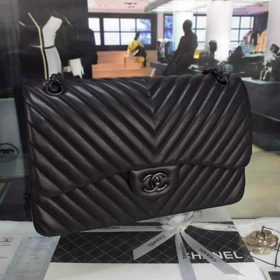 Ch**el lambskin chevron quilted 30cm flap black bag 30cm