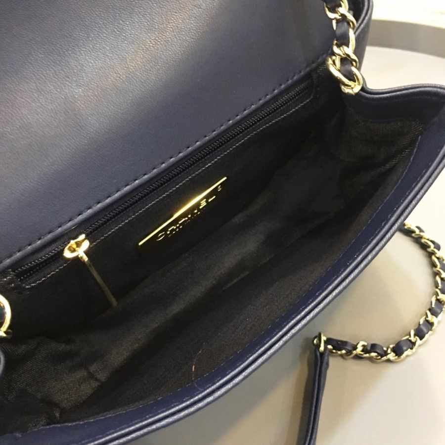 Ch**el new sheepskin small square bag dark blue 18.5x5.5x15cm