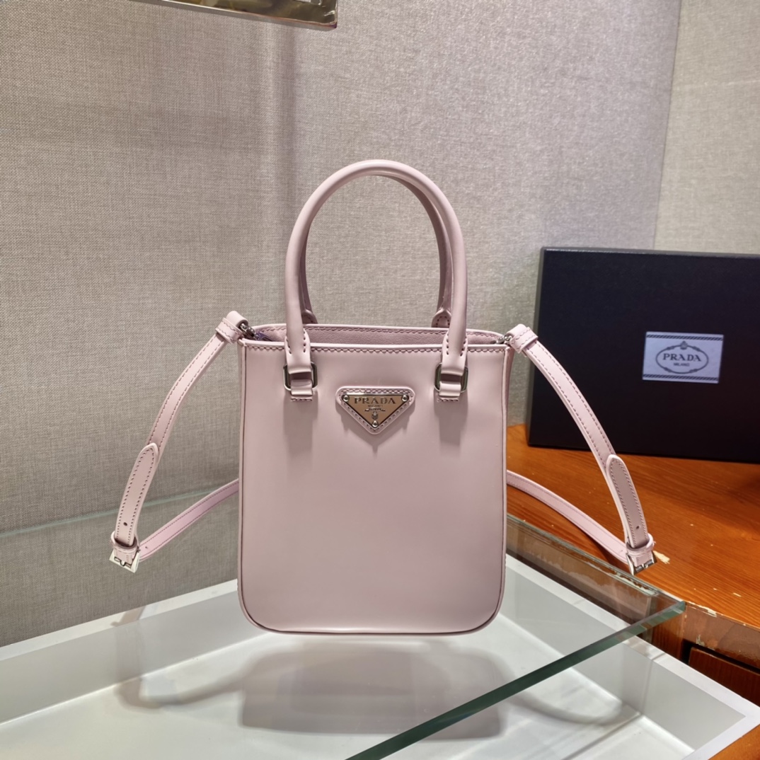 Pra*a small brushed leather tote alabaster pink 1ba331 15 x 17.5 x 5 cm