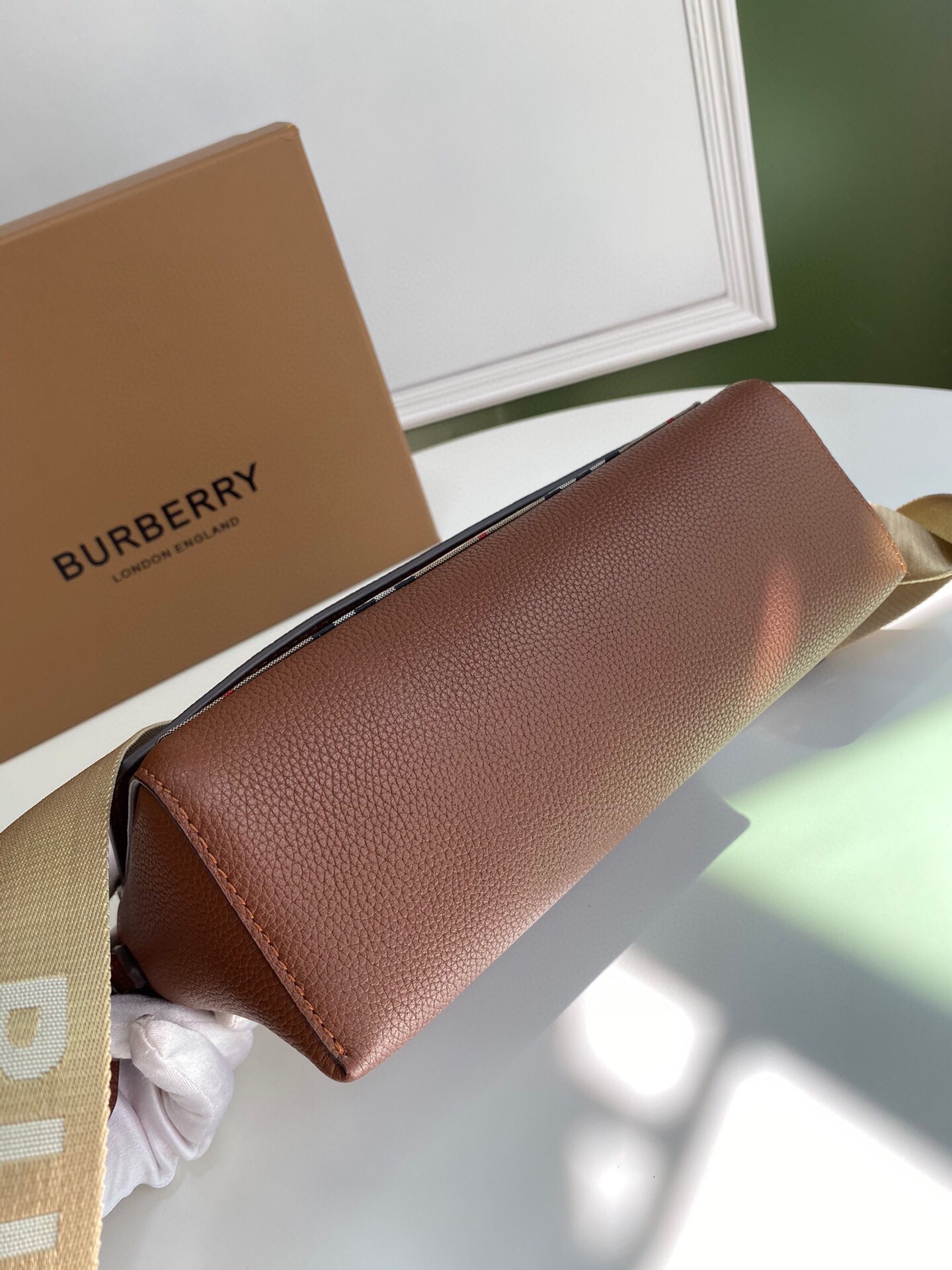 Bv*b*rry leather and vintage check note crossbody bag tan 25 x 8.5 x 18cm