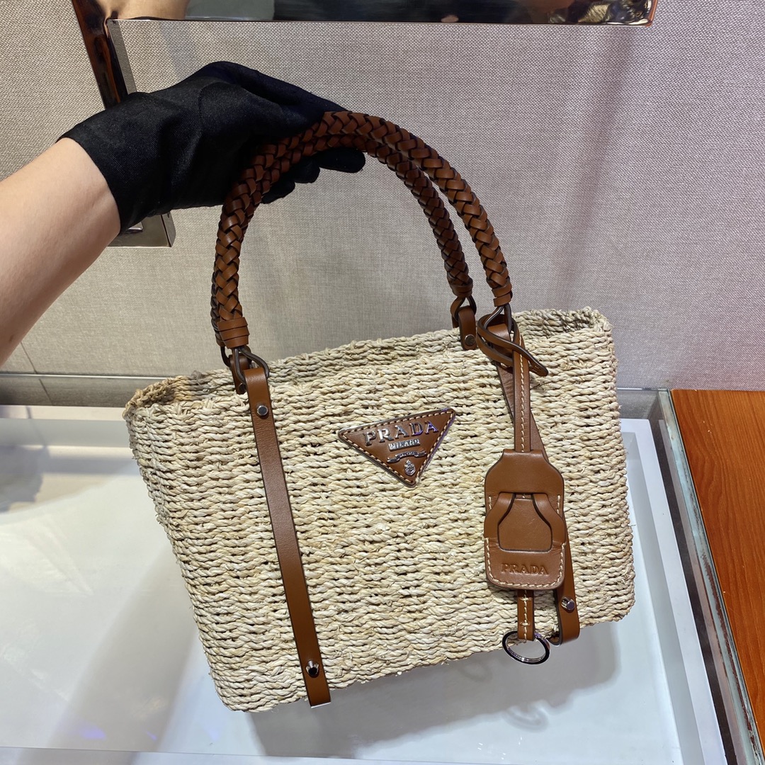 Pra*a women corn husk and leather tote beige 1bg336 26 x 18 x ​​13.5 cm