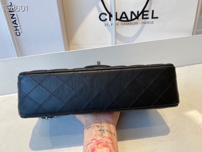 Ch**el flap bag black & silver chain a01112 25cm