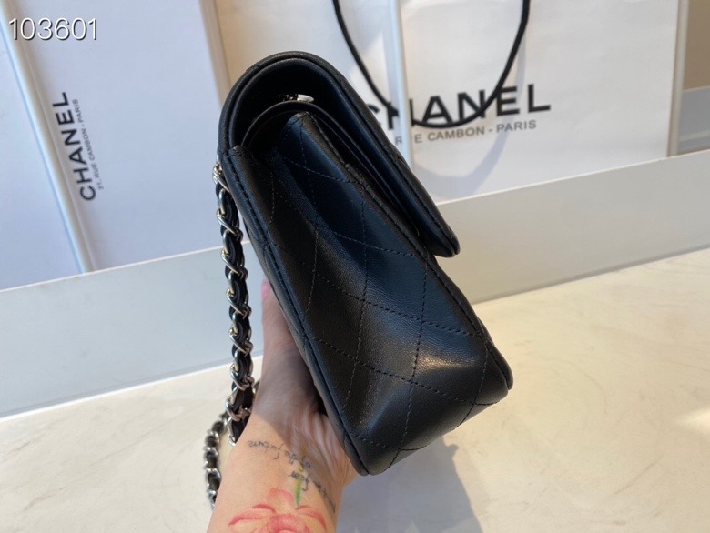 Ch**el flap bag black & silver chain a01112 25cm