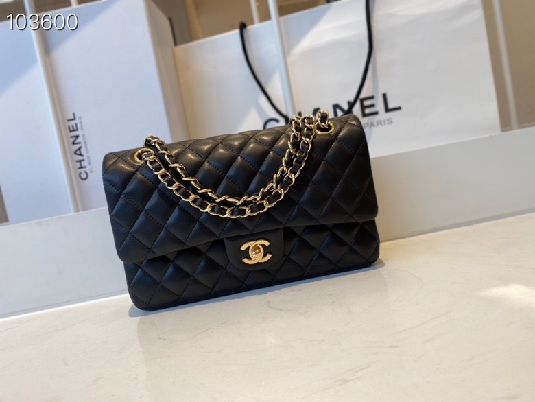 Ch**el flap bag black & golden chain a01112 25cm
