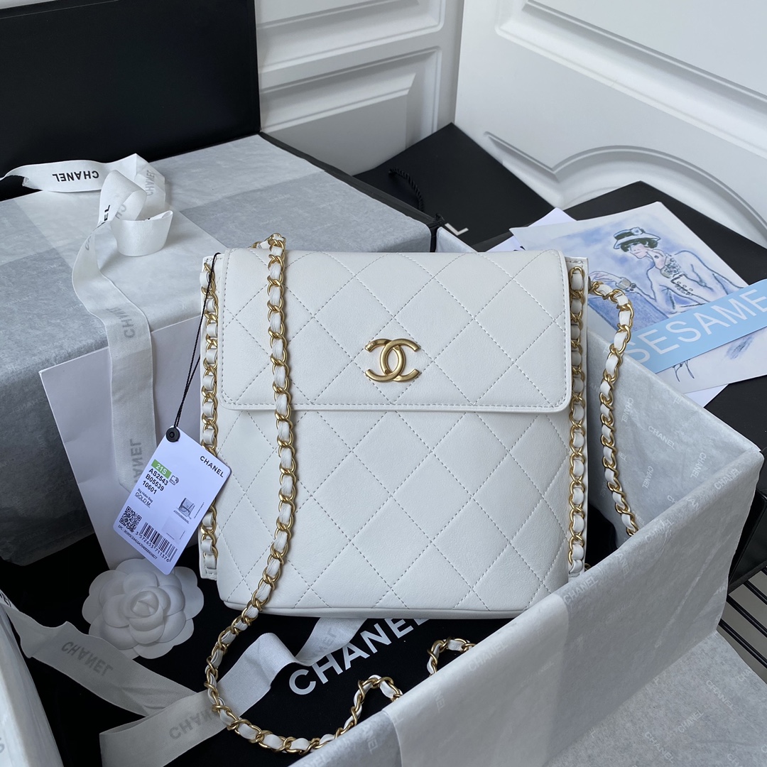 Ch**el large hobo bag calfskin & gold-tone metal white as2543 23 x 25.5 x 8 cm