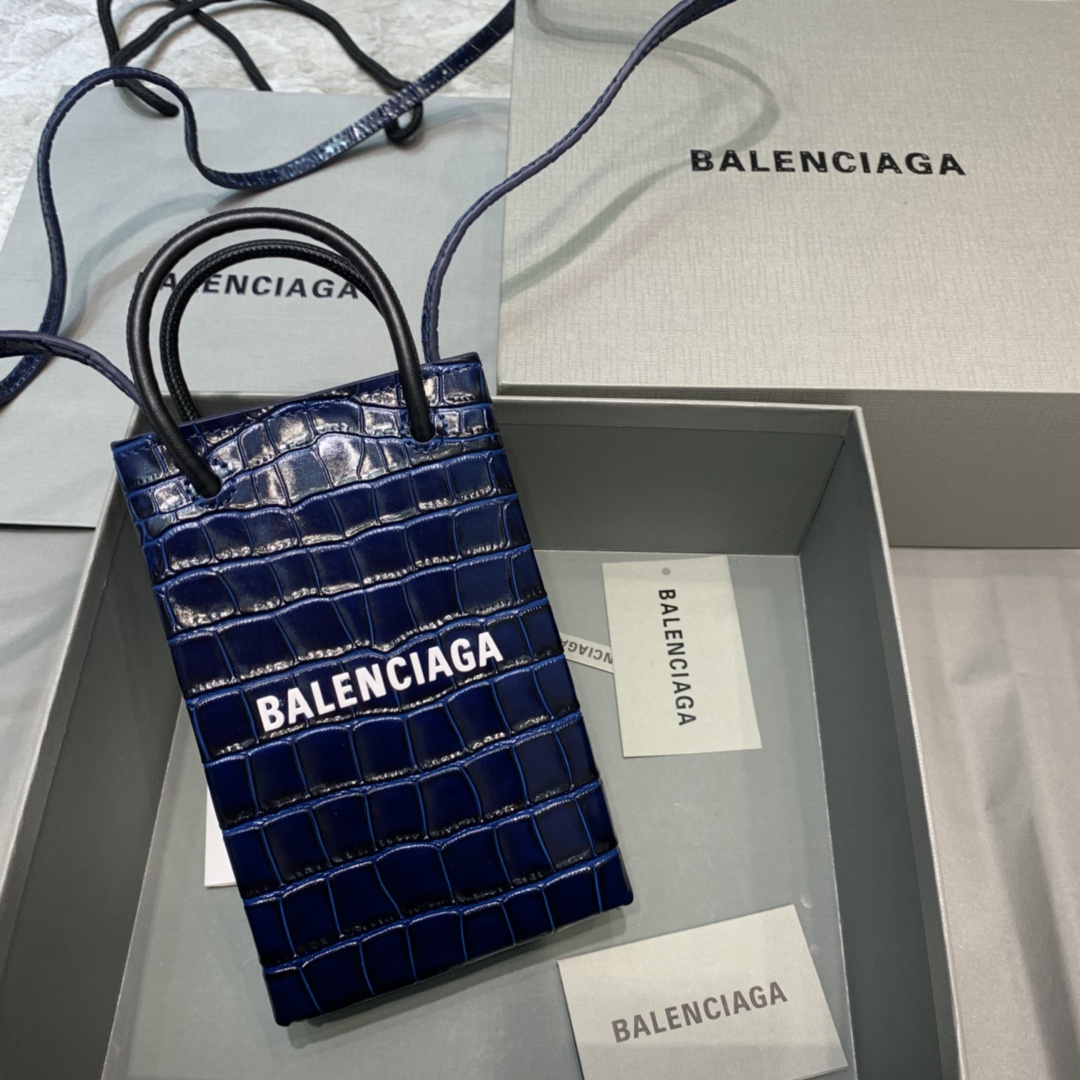 Ba1en*iaga shopping phone holder croc-effect leather bag in dark blue 12 x 4.5 x 18 cm