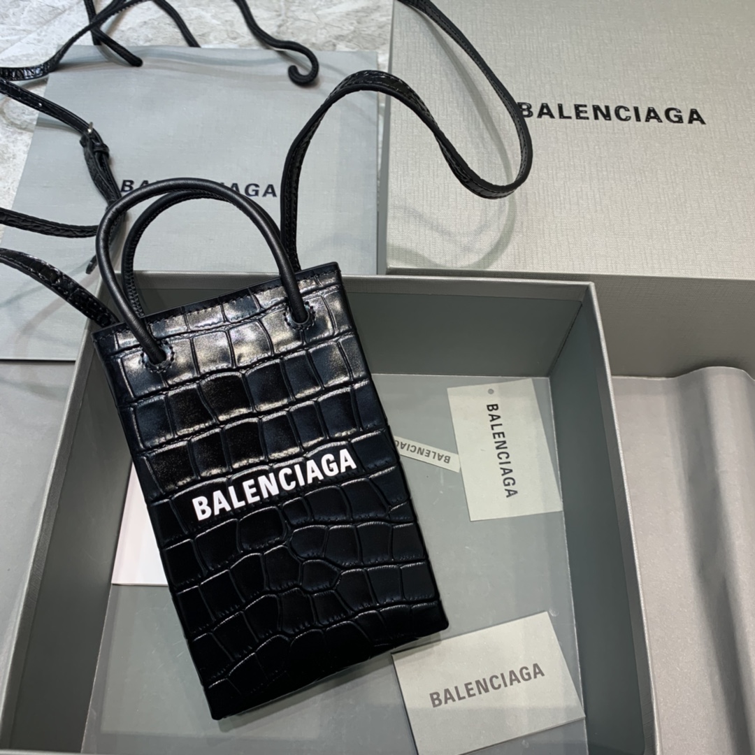 Ba1en*iaga shopping phone holder croc-effect leather bag in black 12 x 4.5 x 18 cm
