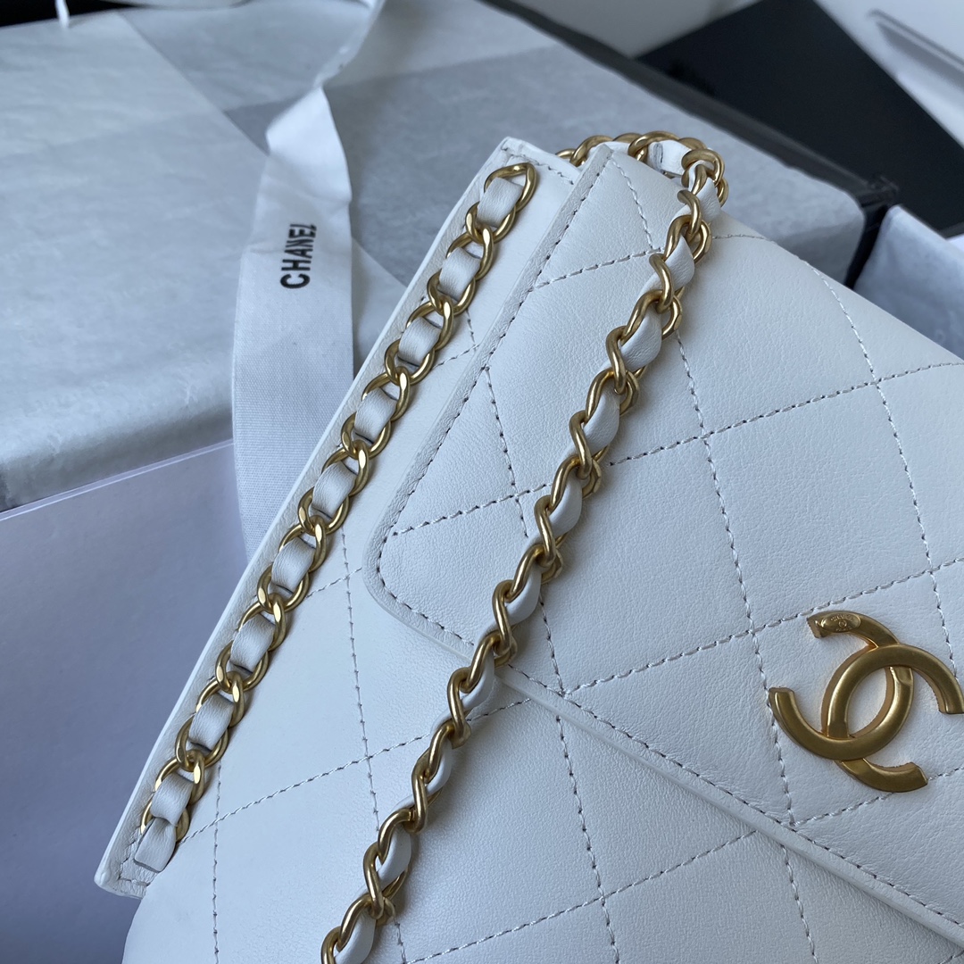 Ch**el small hobo bag calfskin & gold-tone metal white as2542 19 x 23 x 7 cm