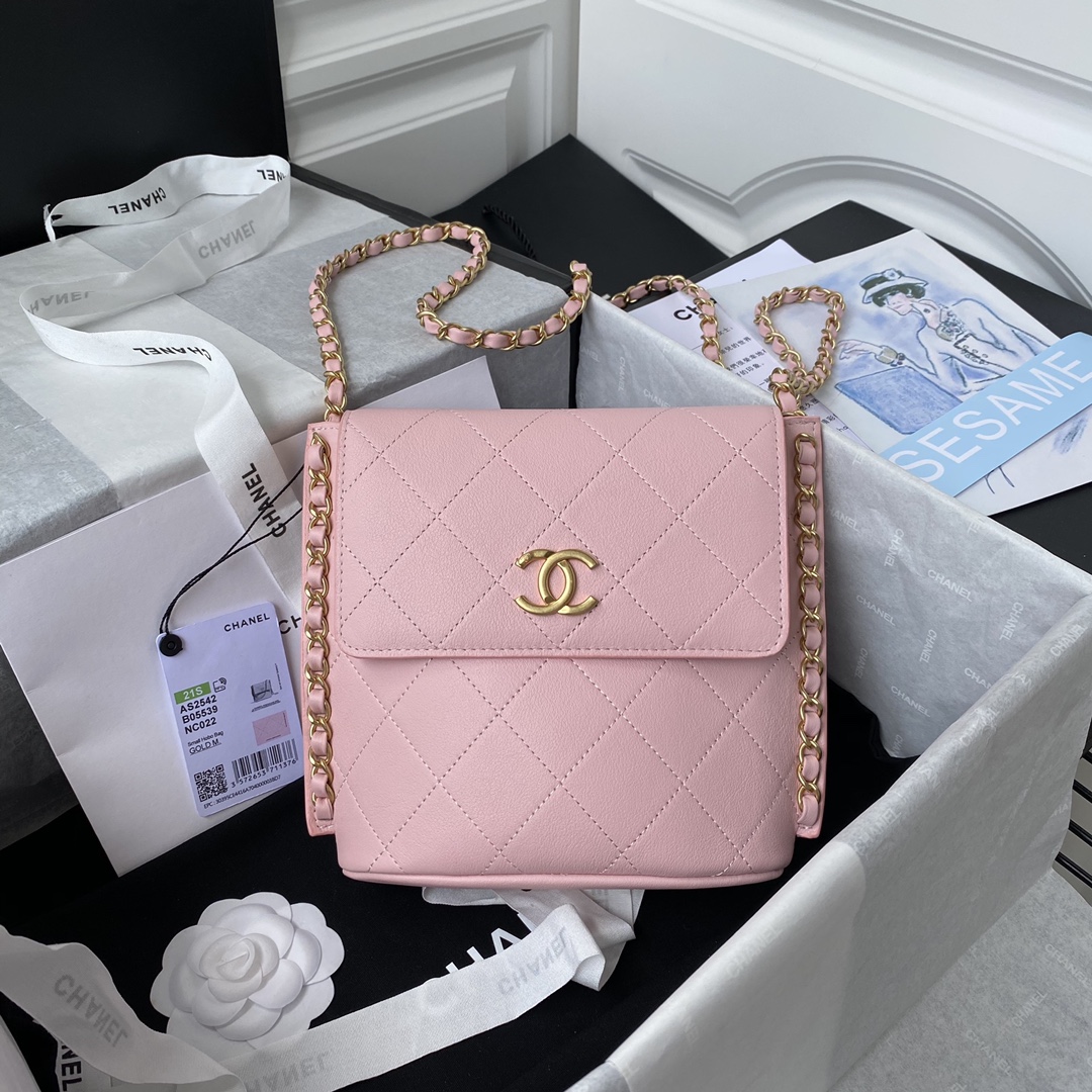 Ch**el small hobo bag calfskin & gold-tone metal pink as2542 19 x 23 x 7 cm