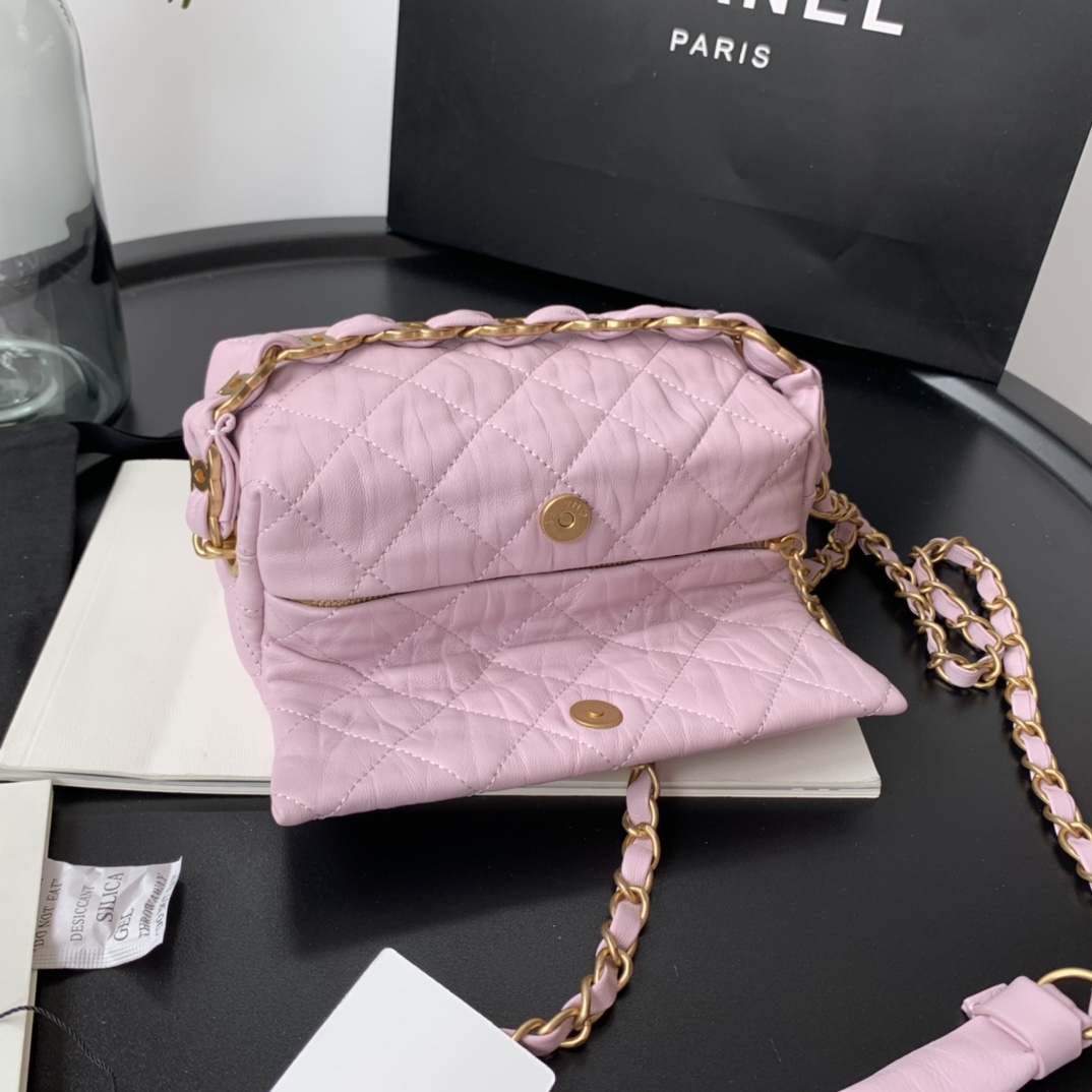 Ch**el small hobo bag crumpled lambskin & gold-tone metal pink as2479 13 x 19 x 7 cm