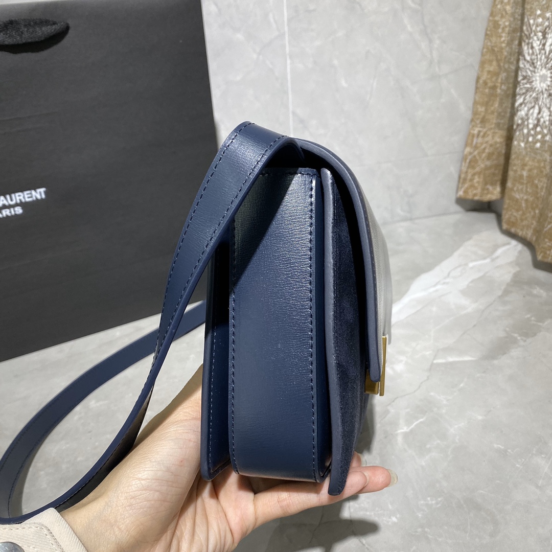 Y51 medium bellechasse in leather and suede blue and golden 482044 24 x 16 x 7 cm