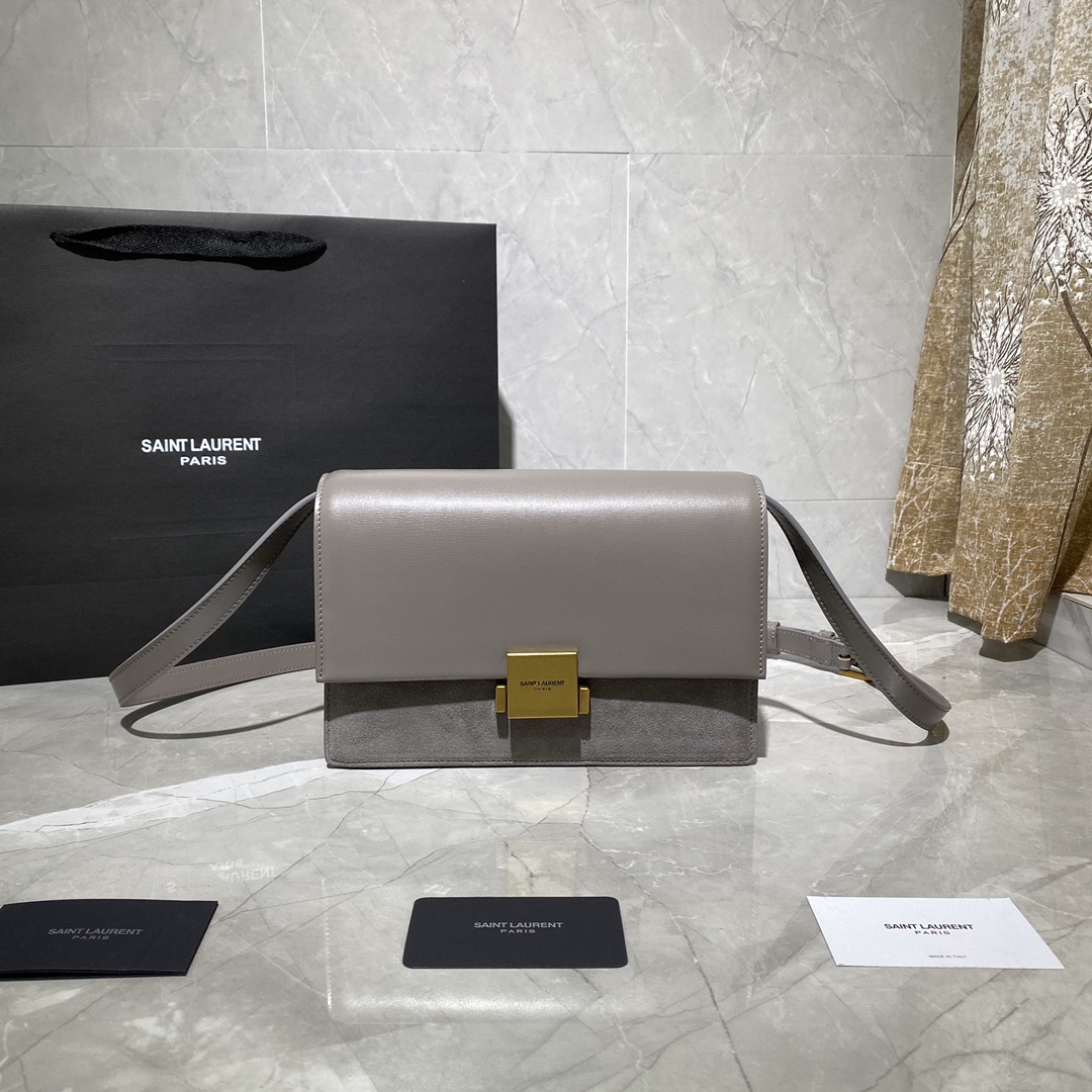 Y51 medium bellechasse in leather and suede grey and golden 482044 24 x 16 x 7 cm