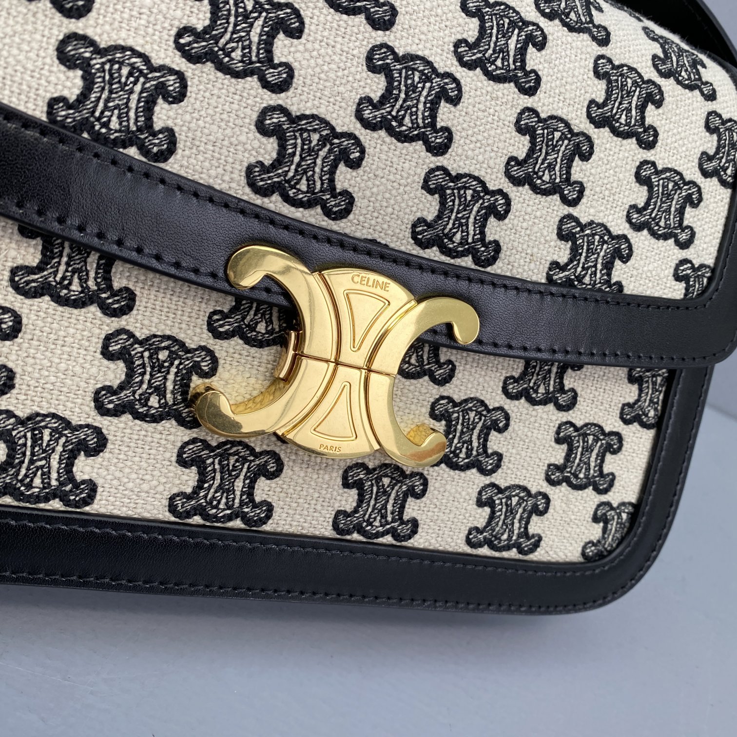 Ce1i*e medium triomphe bag in textile with triomphe embroidery and calfskin black 191242 22 x 16 x 7 cm
