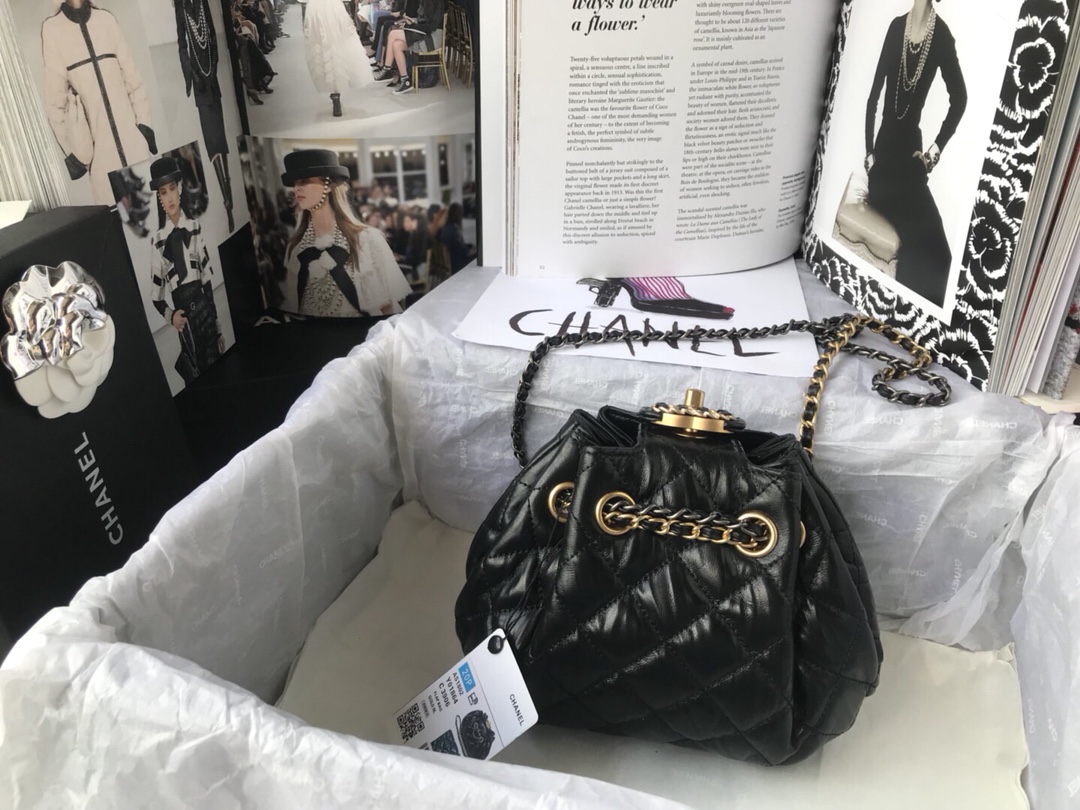 Ch**el mini drawstring bag in black as1802 20 x 17 x 10 cm