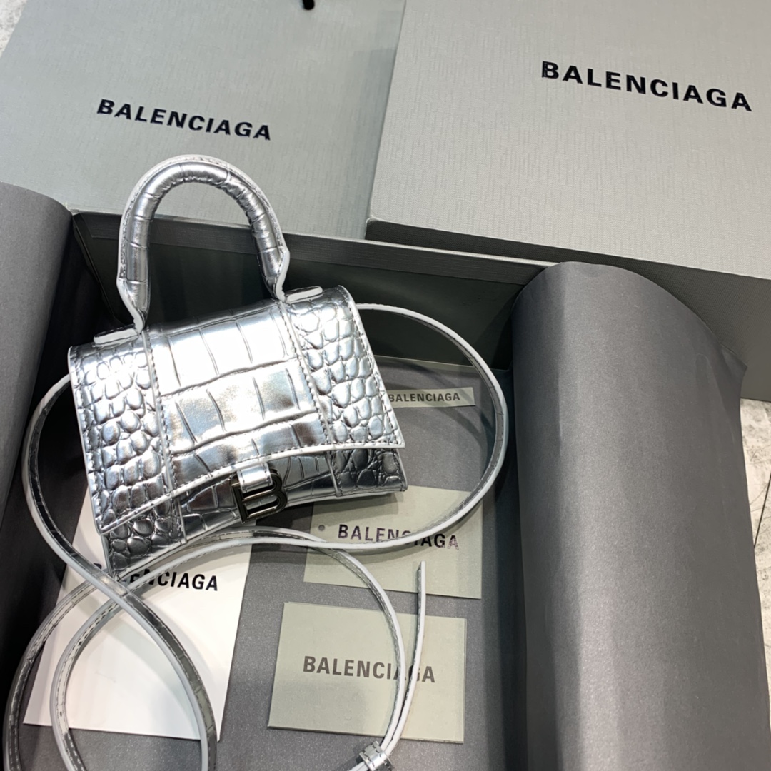 Ba1en*iaga women's hourglass mini top handle bag in crocodile leather silver 11.5 x 14 x 4.5 cm