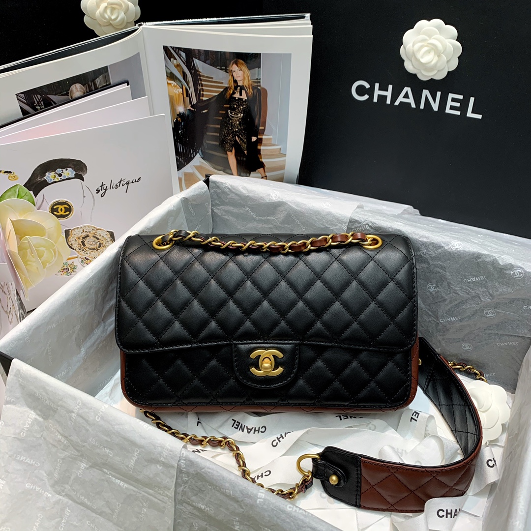 Ch**el small strap into strap bag black and burgundy as2229 25 x 8 x 15 cm