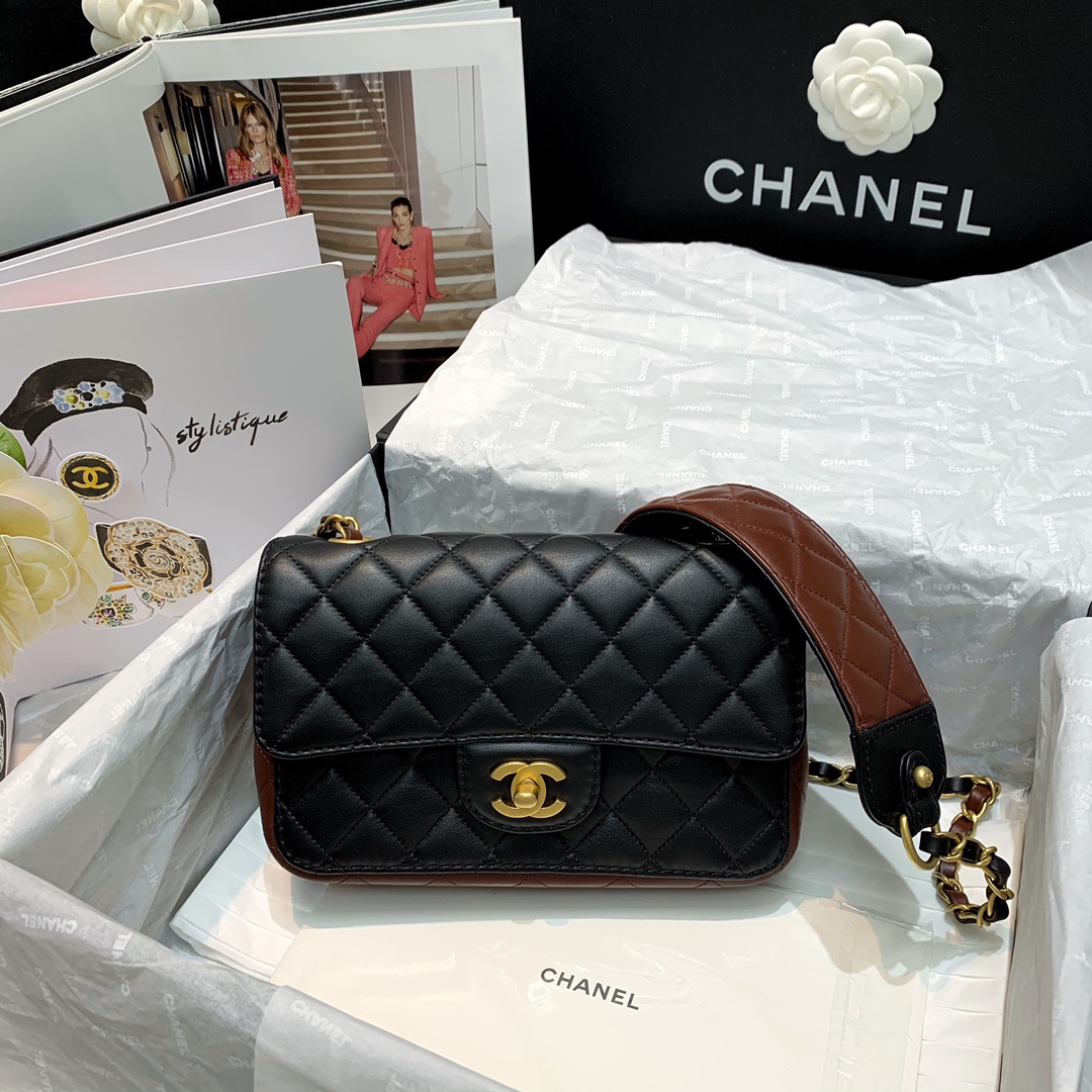 Ch**el mini strap into strap bag black and burgundy as2228 21.5 6.5 13cm