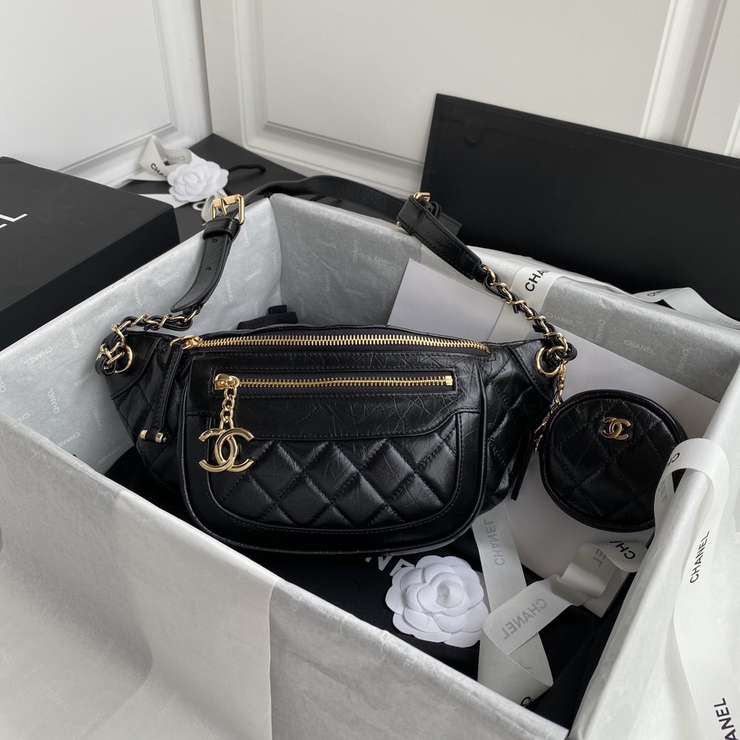 Ch**el aged calfskin waist bag & coin purses black as1077 34 x 15 x 6 cm